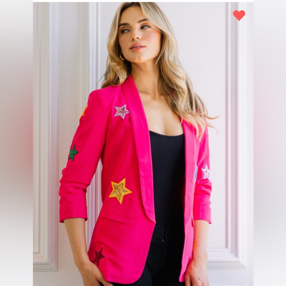 B126🌸Stunning sequin star hot pink blazer w/3/4 ruched sleeves-classy+ sassy!🌸 - Picture 3 of 11